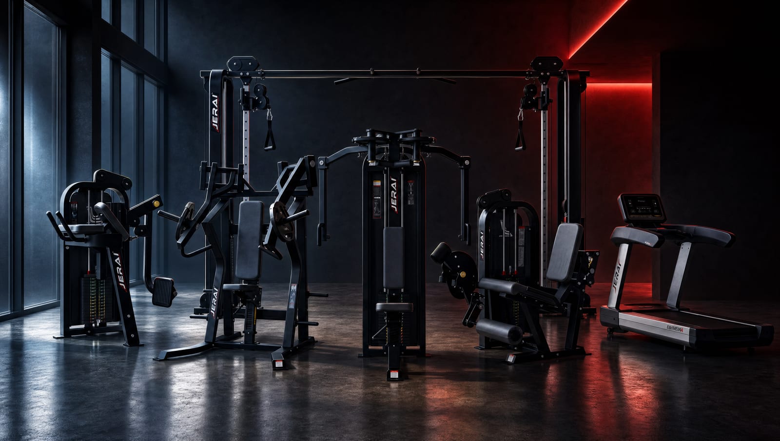 Jerai commercial gym showroom — full lineup of matte-black machines